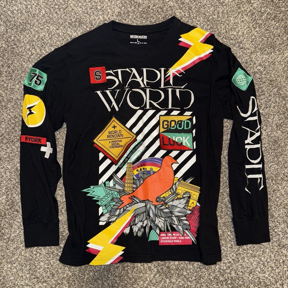 Staple World Renown Pigeon Brand Mens Large Good Luck Designer Shirt Long Sleeve